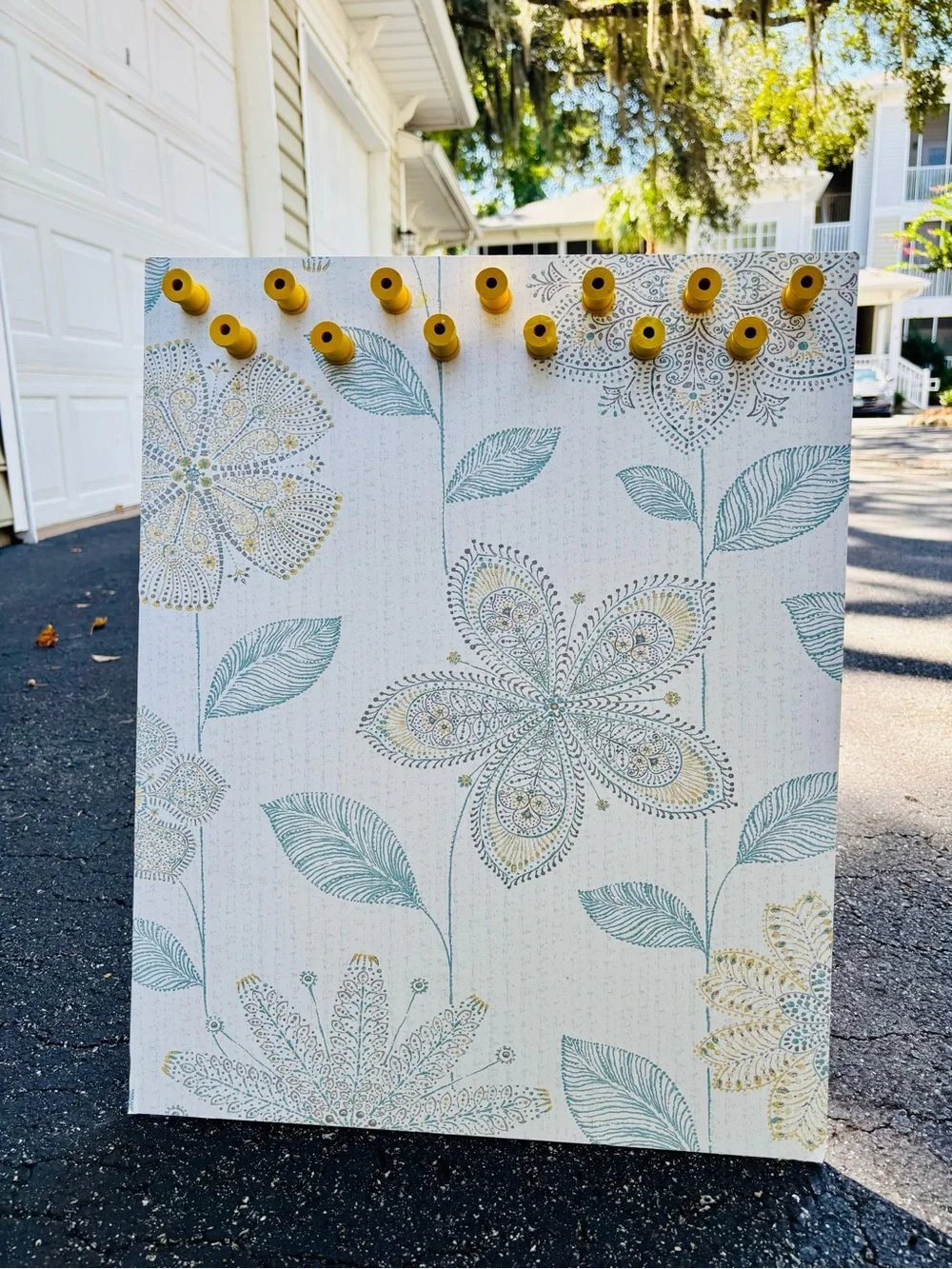 Jewelry Display, Floral Pattern Yellow Hook Panel in Teal and Gold.